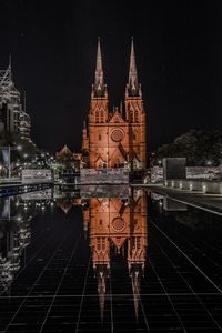 View of illuminated cathedral at night