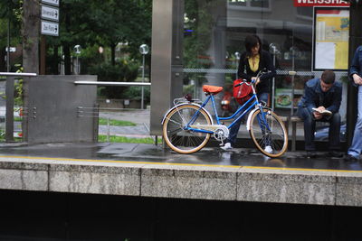 Bicycles parked on street in city