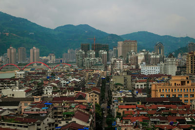 High angle view of buildings in city