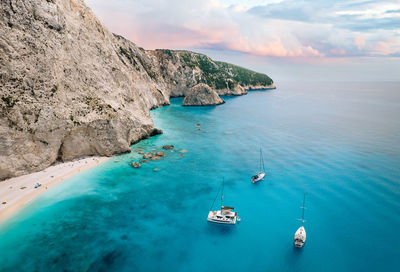 Aerial view of boats in sea in lefkada island