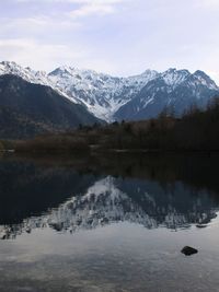 Scenic view of lake by snowcapped mountains against sky