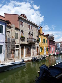 Buildings by canal against sky in city