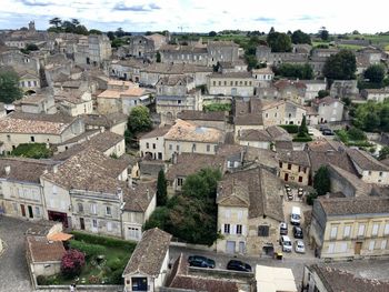 Saint emilion, france. panorama view of the medieval town. old stone buildings with tile rooftop.