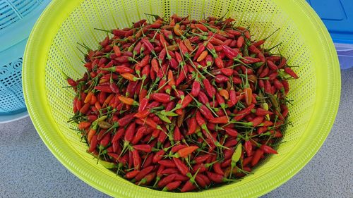 High angle view of red chili peppers in bowl