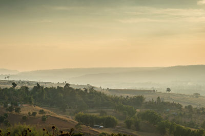 High angle view of landscape against sky during sunset