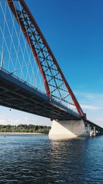 Low angle view of bridge over river against blue sky