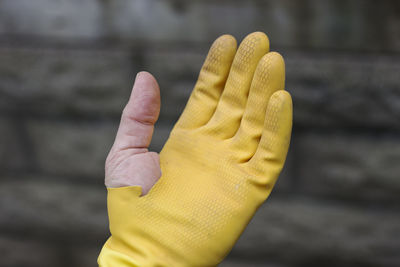 Close-up of hand holding yellow leaf against blurred background