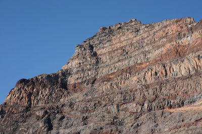 Low angle view of rocky mountains against clear sky