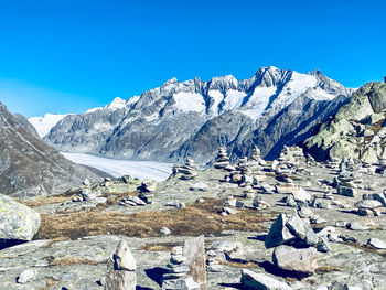 Scenic view of snowcapped mountains against clear blue sky