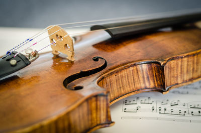 Close-up of violin on musical note