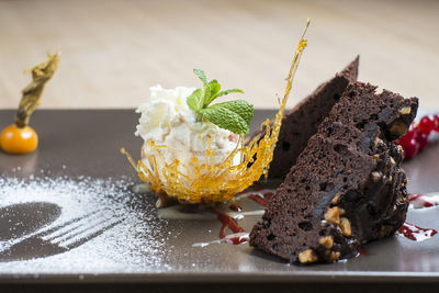 Close-up of ice cream in plate on table