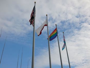 Low angle view of flags against sky