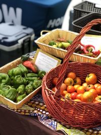 High angle view of tomatoes in basket