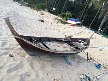 High angle view of boat moored on beach