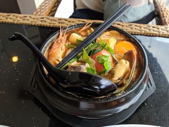High angle view of food in bowl on table