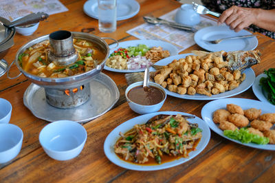 High angle view of food served on table