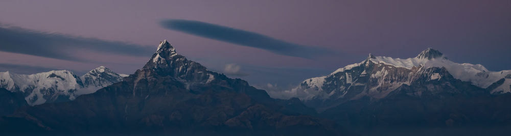 Scenic view of snowcapped mountains against sky during winter