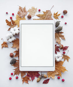 Autumn frame. tablet on a white background with colorful autumn leaves