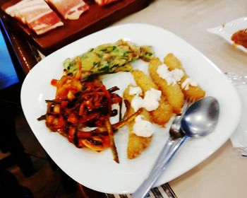 High angle view of food in plate on table