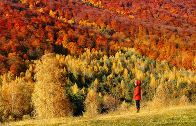Full length of man standing by trees in forest during autumn