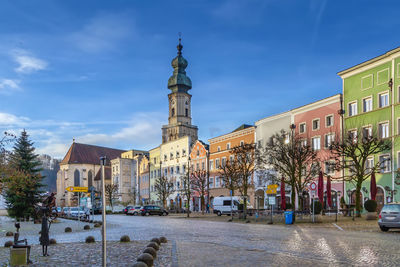 Historical houses on town square in burghausen, germany