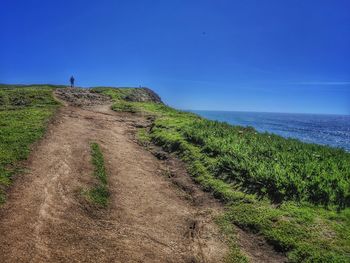 Scenic view of sea against clear blue sky