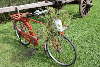 High angle view of bicycle parked on field