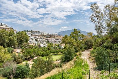 High angle view of trees and buildings against sky