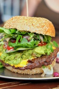 Close-up of burger on plate at table