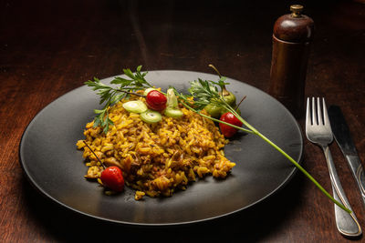 High angle view of food in plate on table