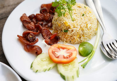 High angle view of food served in plate