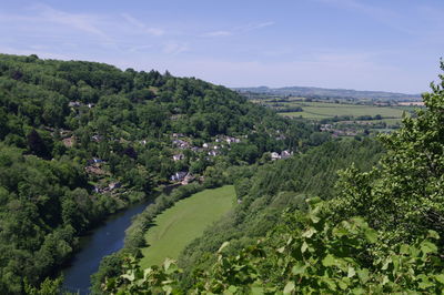 High angle view of trees on landscape against sky