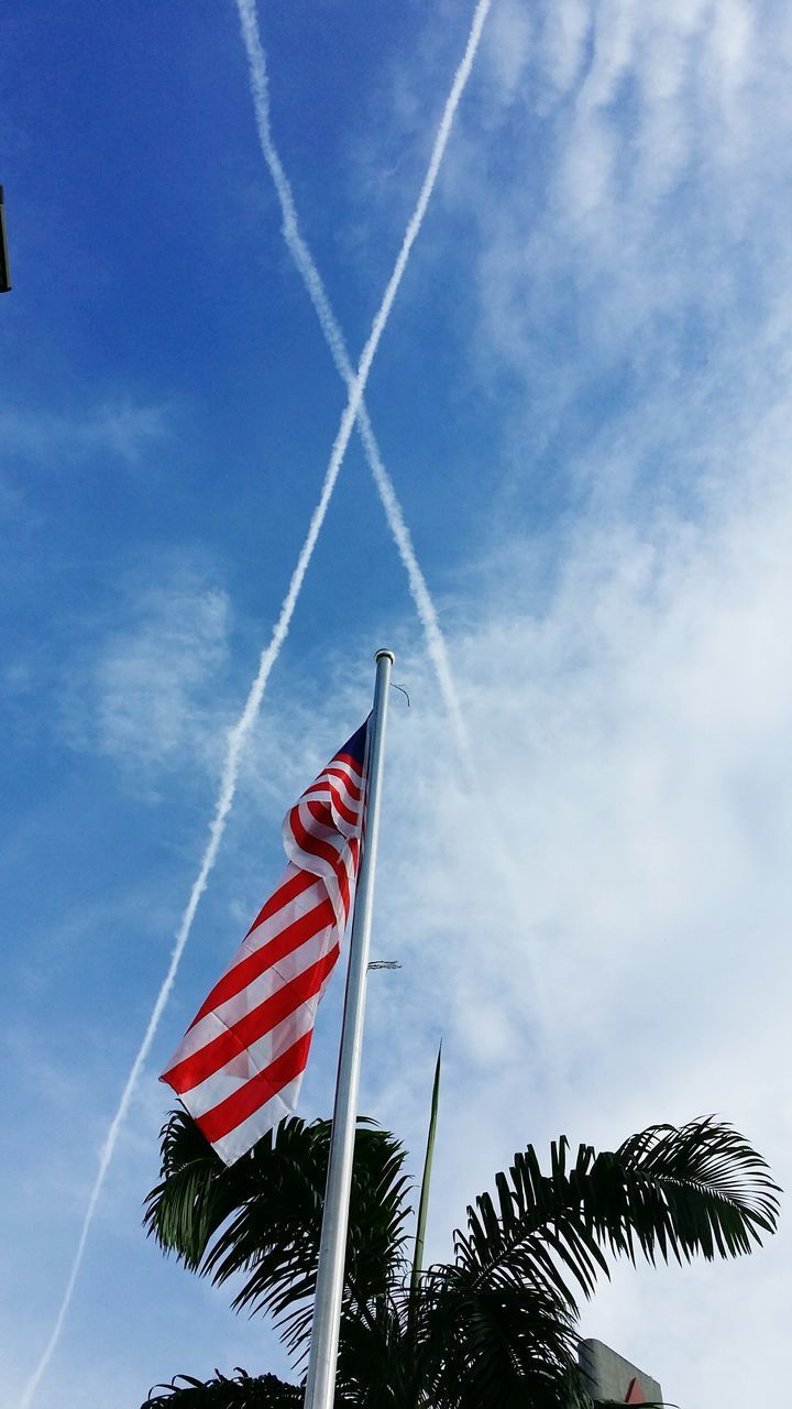 LOW ANGLE VIEW OF FLAGS AGAINST BLUE SKY