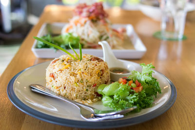 Close-up of food served on table