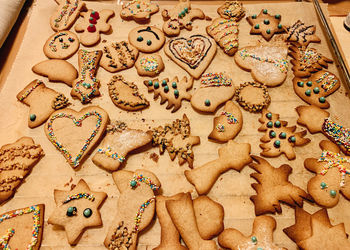 High angle view of cookies on table