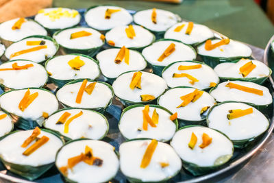 High angle view of dessert on table