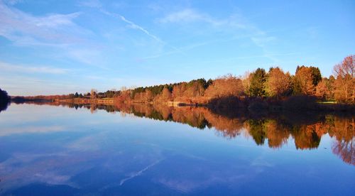 Reflection of trees in lake against sky