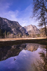 Scenic view of lake by mountains against sky