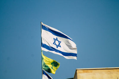 Low angle view of flag against clear blue sky