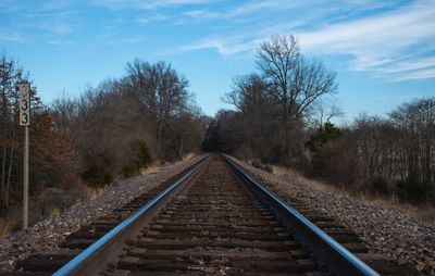 View of railway tracks along bare trees