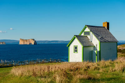 Built structure on shore by sea against sky