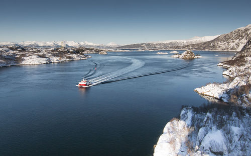 High angle view of ship in lake during winter