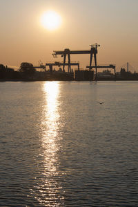 Silhouette cranes at sea against sky during sunset