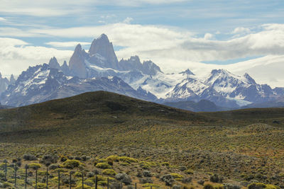 Scenic view of snowcapped mountains against sky at fitz roy range