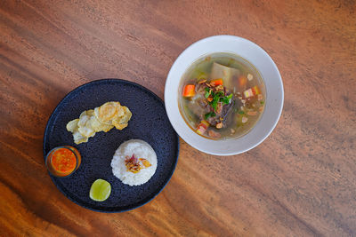 High angle view of food in plate on table