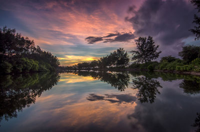 Scenic view of lake against sky during sunset