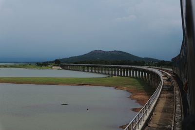 Bridge over lake against sky