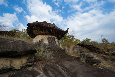 Low angle view of rock formations against sky