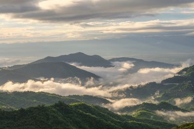 Scenic view of mountains against sky during sunset