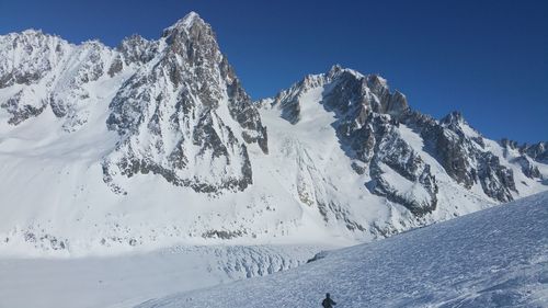 Scenic view of snowcapped mountains against clear blue sky